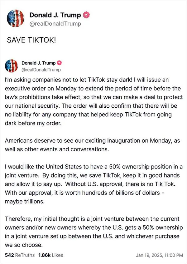 特朗普就在社交平台Truth Social上发布两则推文，呼吁救救Tiktok
